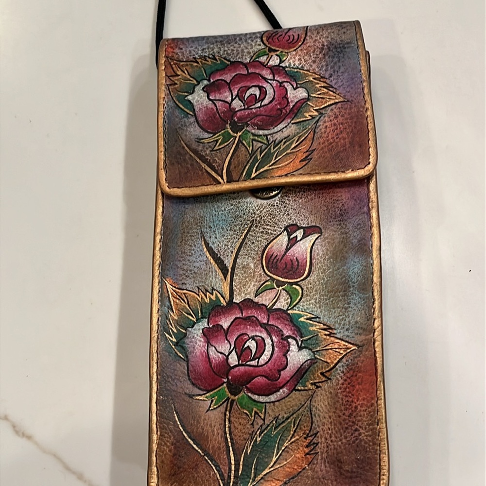 Floral Hand Painted Leather Crossbody Bag by SOVA. Credit Cards slots. New - Picture 11 of 14